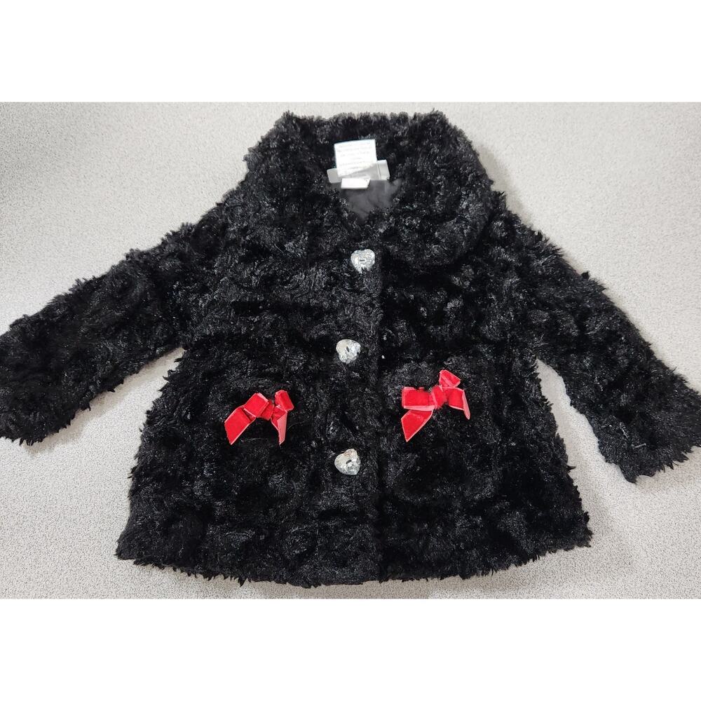 Mini Muffin Black Furry Button Up Coat 0-3 Months Rhinestone Buttons Bows Soft